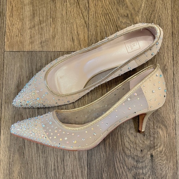 Elegant Beige Rhinestone Kitten Heels - Picture 2 of 9